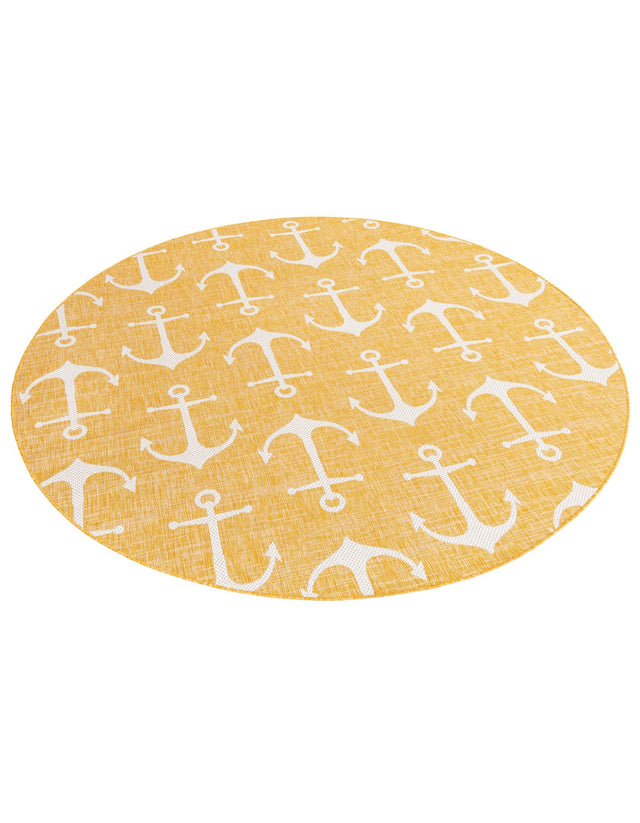 Yellow 7' 10 x 7' 10 Outdoor Coastal Round Area Rug Weather Resistant for Patio, Deck, Terrace, Balcony, Porch 100% Polypropylene Coastal Decor Carpet for Sale at Rug Engine