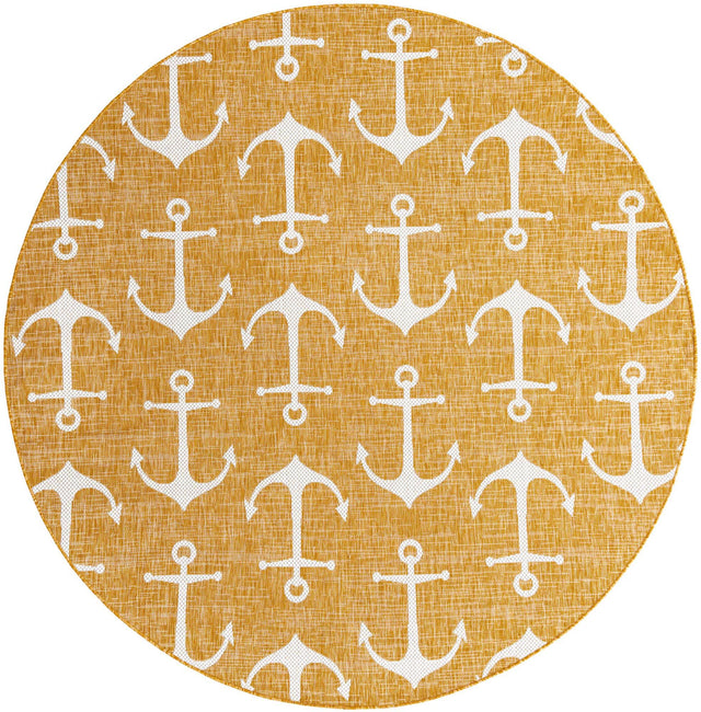 Yellow 7' 10 x 7' 10 Outdoor Coastal Round Area Rug Weather Resistant for Patio, Deck, Terrace, Balcony, Porch 100% Polypropylene Coastal Decor Carpet for Sale at Rug Engine