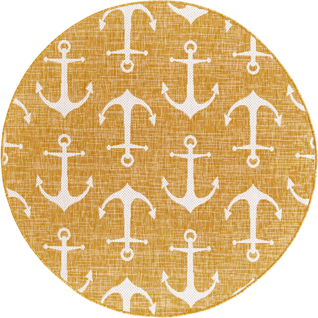 Yellow 5' 3 x 5' 3 Outdoor Coastal Round Area Rug Weather Resistant for Patio, Deck, Terrace, Balcony, Porch 100% Polypropylene Coastal Decor Carpet for Sale at Rug Engine