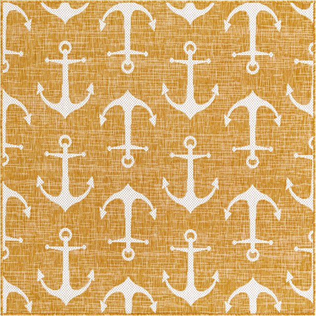 Yellow 5' 3 x 5' 3 Outdoor Coastal Square Area Rug Weather Resistant for Patio, Deck, Terrace, Balcony, Porch 100% Polypropylene Coastal Decor Carpet for Sale at Rug Engine