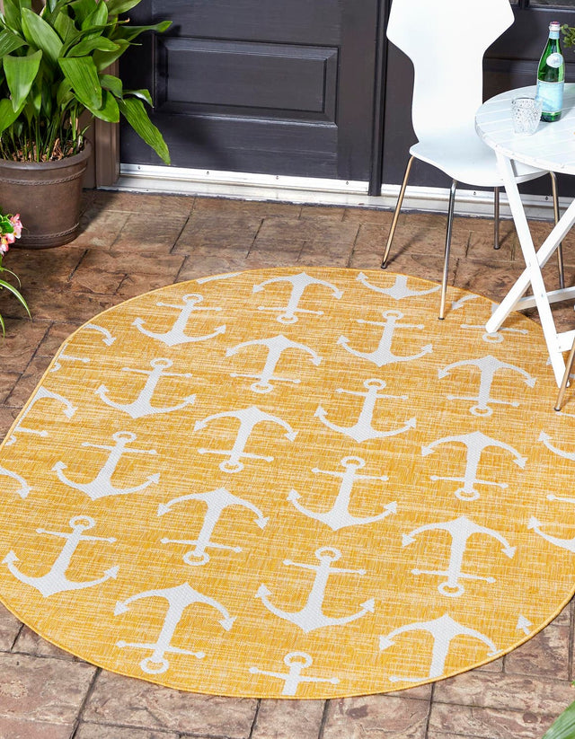 Yellow 5' 3 x 8' Outdoor Coastal Oval Area Rug Weather Resistant for Patio, Deck, Terrace, Balcony, Porch 100% Polypropylene Coastal Decor Carpet for Sale at Rug Engine