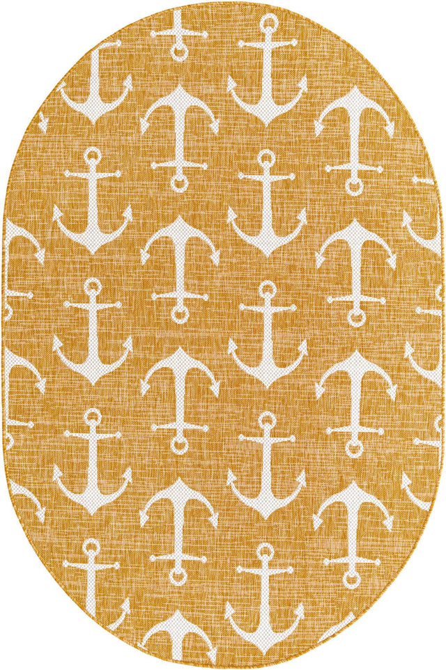 Yellow 5' 3 x 8' Outdoor Coastal Oval Area Rug Weather Resistant for Patio, Deck, Terrace, Balcony, Porch 100% Polypropylene Coastal Decor Carpet for Sale at Rug Engine