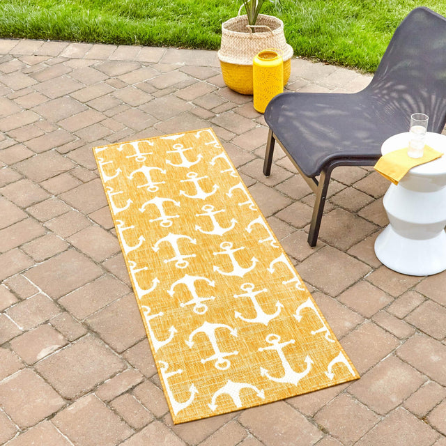 Yellow 2' x 6' 1 Outdoor Coastal Runner Area Rug Weather Resistant for Patio, Deck, Terrace, Balcony, Porch 100% Polypropylene Coastal Decor Carpet for Sale at Rug Engine