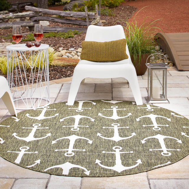 Green 3' 1 x 3' 1 Outdoor Coastal Round Area Rug Weather Resistant for Patio, Deck, Terrace, Balcony, Porch 100% Polypropylene Coastal Decor Carpet for Sale at Rug Engine