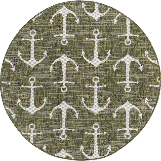 Green 5' 3 x 5' 3 Outdoor Coastal Round Area Rug Weather Resistant for Patio, Deck, Terrace, Balcony, Porch 100% Polypropylene Coastal Decor Carpet for Sale at Rug Engine