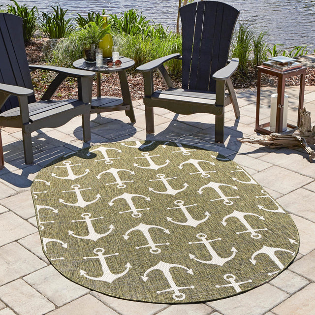 Green 7' 10 x 10' Outdoor Coastal Oval Area Rug Weather Resistant for Patio, Deck, Terrace, Balcony, Porch 100% Polypropylene Coastal Decor Carpet for Sale at Rug Engine