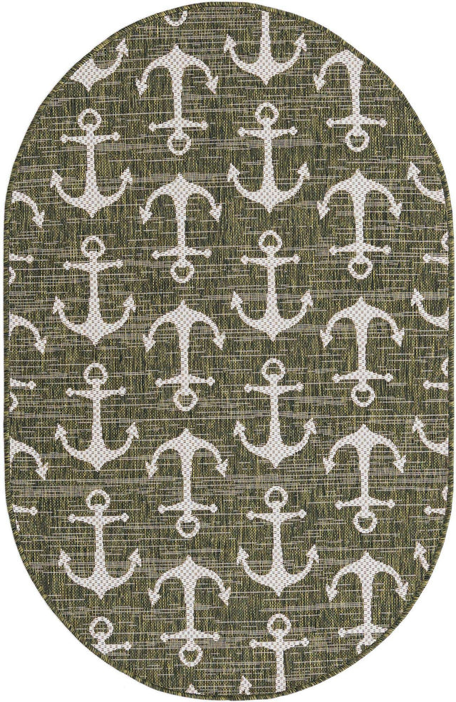 Green 3' 1 x 5' 3 Outdoor Coastal Oval Area Rug Weather Resistant for Patio, Deck, Terrace, Balcony, Porch 100% Polypropylene Coastal Decor Carpet for Sale at Rug Engine
