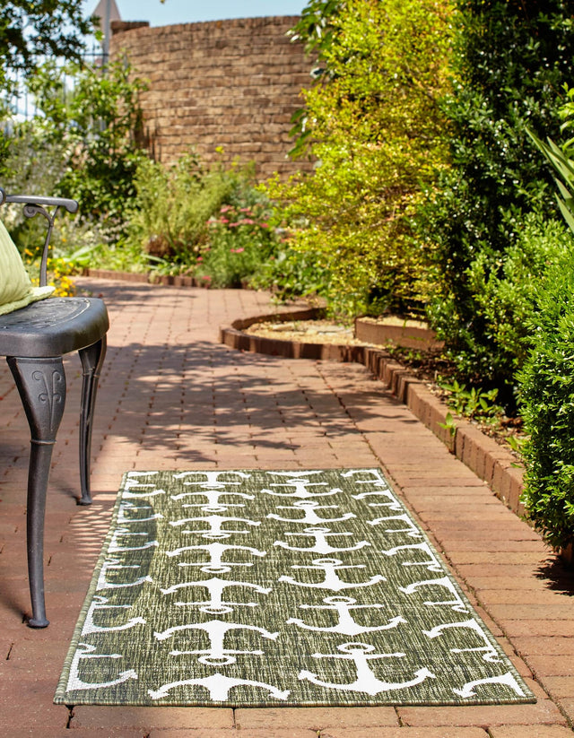 Green 2' x 6' 1 Outdoor Coastal Runner Area Rug Weather Resistant for Patio, Deck, Terrace, Balcony, Porch 100% Polypropylene Coastal Decor Carpet for Sale at Rug Engine