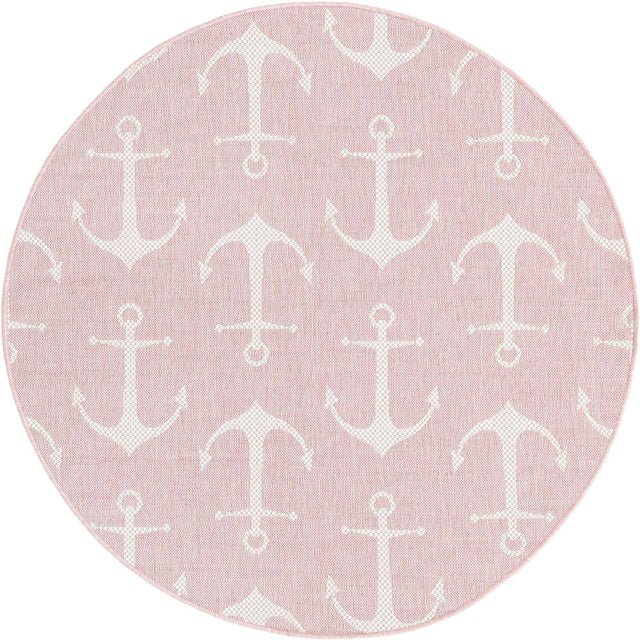 Pink 5' 3 x 5' 3 Outdoor Coastal Round Area Rug Weather Resistant for Patio, Deck, Terrace, Balcony, Porch 100% Polypropylene Coastal Decor Carpet for Sale at Rug Engine