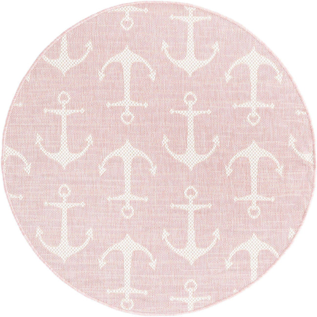 Pink 4' 1 x 4' 1 Outdoor Coastal Round Area Rug Weather Resistant for Patio, Deck, Terrace, Balcony, Porch 100% Polypropylene Coastal Decor Carpet for Sale at Rug Engine