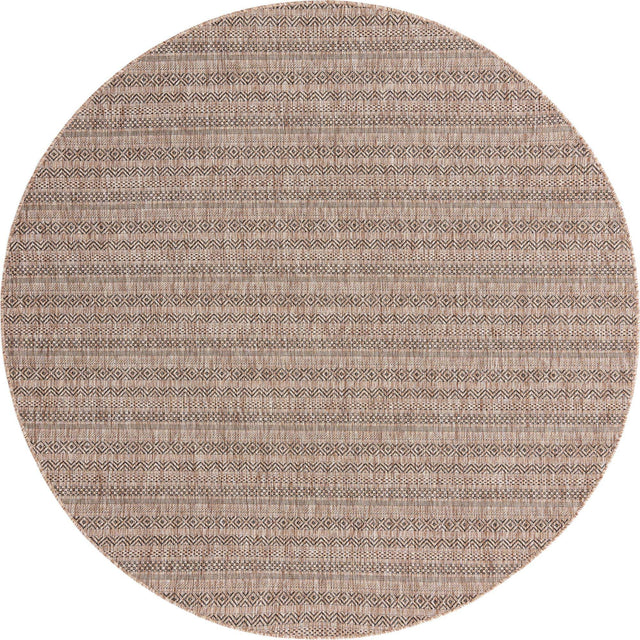 Natural 7' 10 x 7' 10 Outdoor Striped Round Area Rug Weather Resistant for Patio, Deck, Terrace, Balcony, Porch