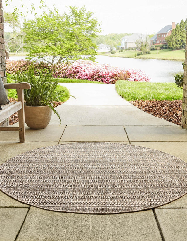 Natural 7' 10 x 7' 10 Outdoor Striped Round Area Rug Weather Resistant for Patio, Deck, Terrace, Balcony, Porch