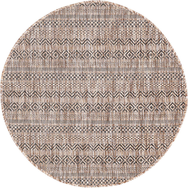 Natural 3' 1 x 3' 1 Outdoor Striped Round Area Rug Weather Resistant for Patio, Deck, Terrace, Balcony, Porch Geometric Pattern Waterproof Carpet for Sale at Rug Engine