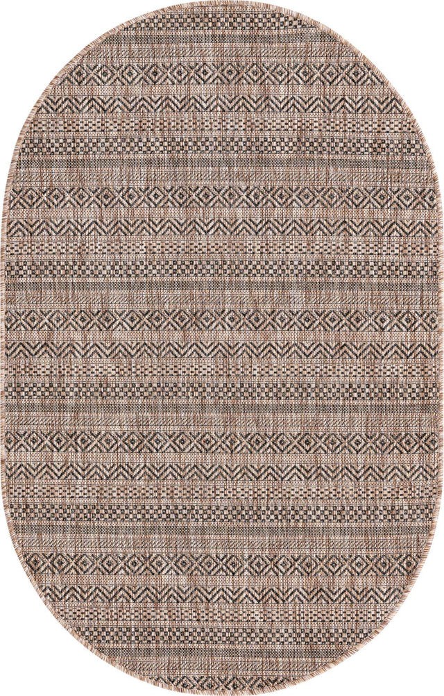 Natural 3' 1 x 5' 3 Outdoor Striped Oval Area Rug Weather Resistant for Patio, Deck, Terrace, Balcony, Porch Geometric Pattern Waterproof Carpet for Sale at Rug Engine