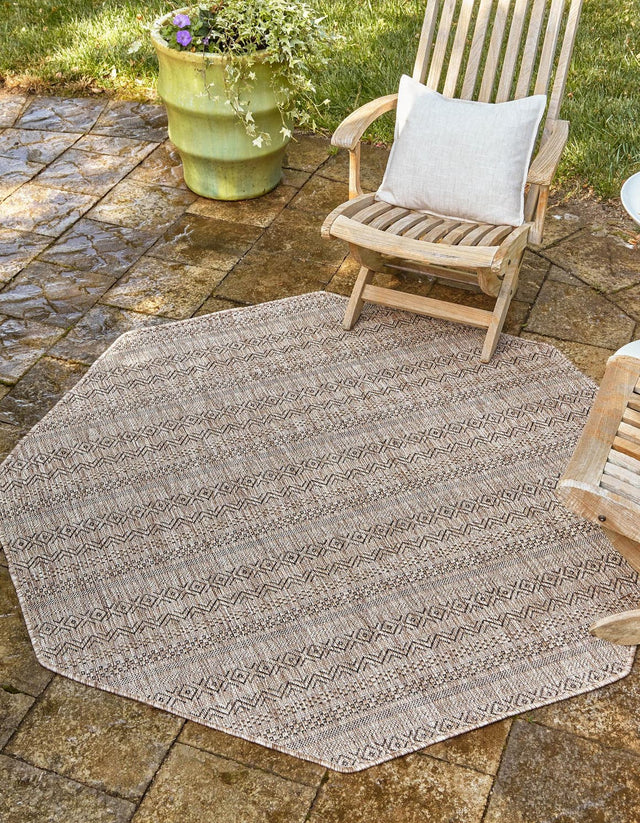 Natural 5' 3 x 5' 3 Outdoor Striped Octagon Area Rug Weather Resistant for Patio, Deck, Terrace, Balcony, Porch Geometric Pattern Waterproof Carpet for Sale at Rug Engine