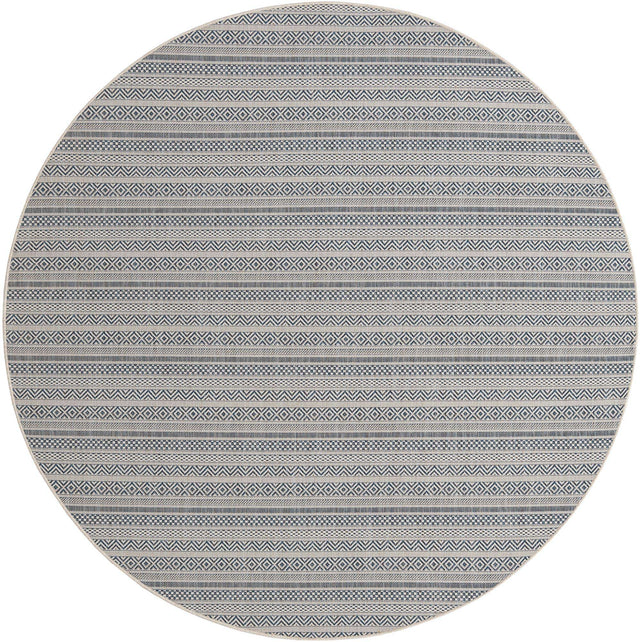 Light Blue 7' 10 x 7' 10 Outdoor Striped Round Area Rug Weather Resistant for Patio, Deck, Terrace, Balcony, Porch Geometric Pattern Waterproof Carpet for Sale at Rug Engine