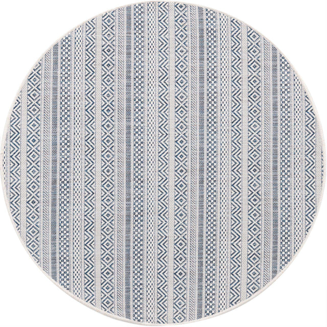 Light Blue 4' 1 x 4' 1 Outdoor Striped Round Area Rug Weather Resistant for Patio, Deck, Terrace, Balcony, Porch Geometric Pattern Waterproof Carpet for Sale at Rug Engine