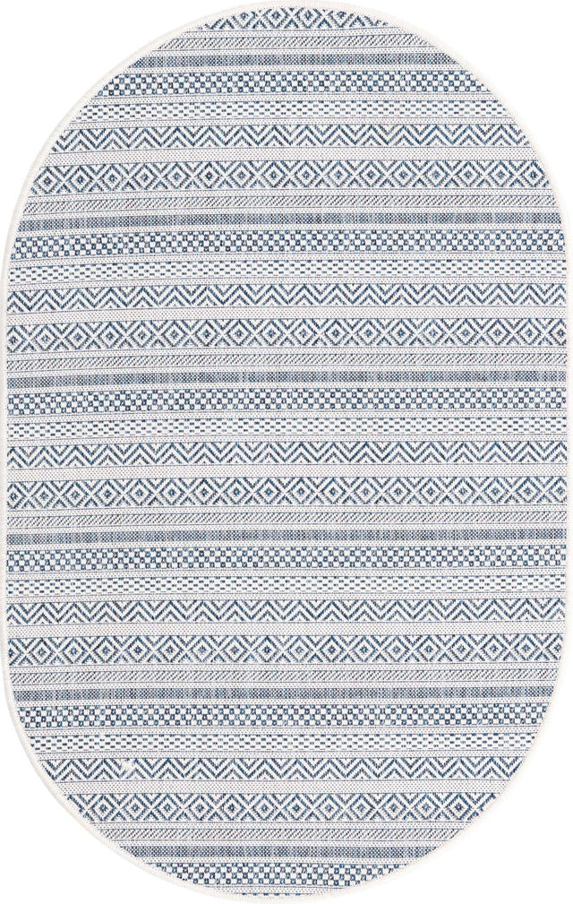 Light Blue 3' 1 x 5' 3 Outdoor Striped Oval Area Rug Weather Resistant for Patio, Deck, Terrace, Balcony, Porch Geometric Pattern Waterproof Carpet for Sale at Rug Engine