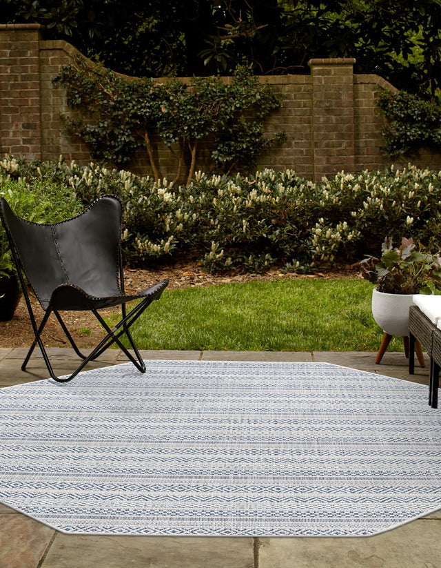 Light Blue 7' 10 x 7' 10 Outdoor Striped Octagon Area Rug Weather Resistant for Patio, Deck, Terrace, Balcony, Porch Geometric Pattern Waterproof Carpet for Sale at Rug Engine