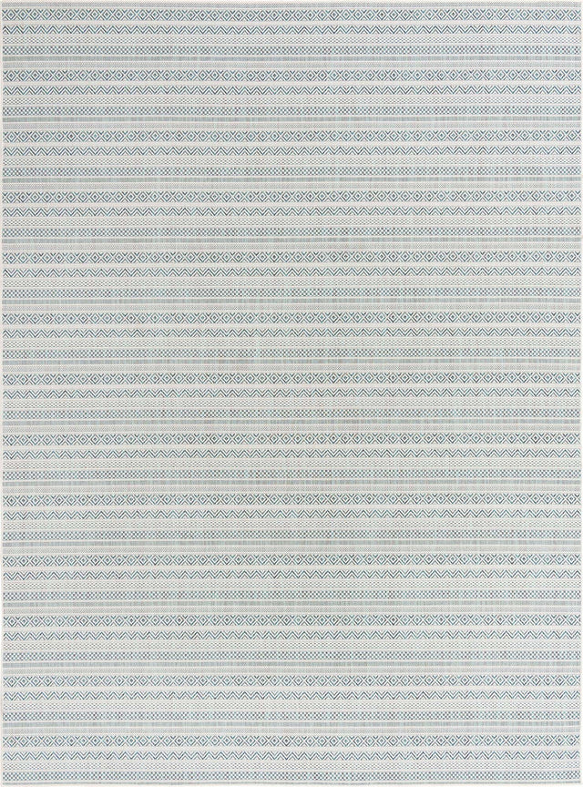 Teal 9' x 12' Outdoor Striped Rectangle Area Rug Weather Resistant for Patio, Deck, Terrace, Balcony, Porch Geometric Pattern Waterproof Carpet for Sale at Rug Engine