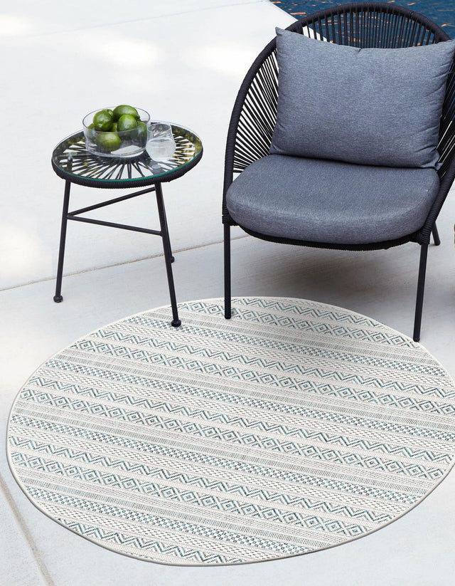 Teal 4' 1 x 4' 1 Outdoor Striped Round Area Rug Weather Resistant for Patio, Deck, Terrace, Balcony, Porch Geometric Pattern Waterproof Carpet for Sale at Rug Engine