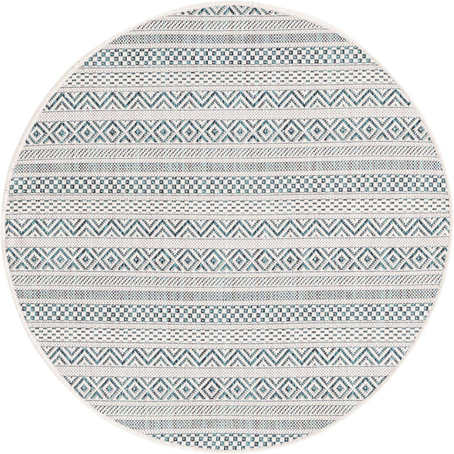 Teal 3' 1 x 3' 1 Outdoor Striped Round Area Rug Weather Resistant for Patio, Deck, Terrace, Balcony, Porch Geometric Pattern Waterproof Carpet for Sale at Rug Engine