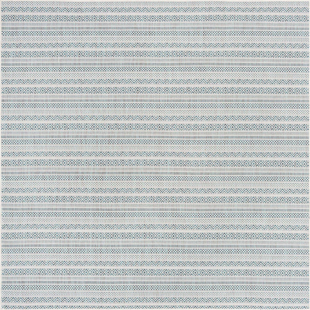 Teal 7' 10 x 7' 10 Outdoor Striped Square Area Rug Weather Resistant for Patio, Deck, Terrace, Balcony, Porch Geometric Pattern Waterproof Carpet for Sale at Rug Engine