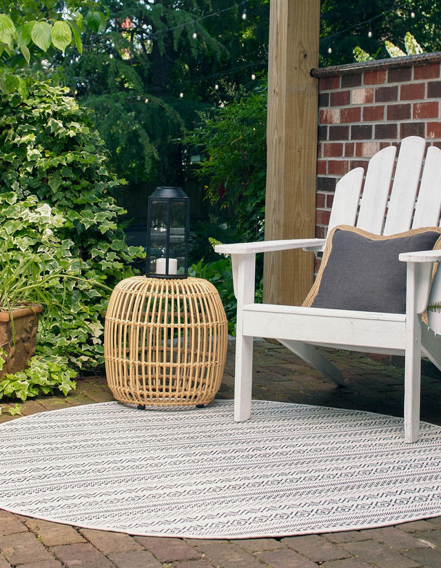 Beige 4' 1 x 4' 1 Outdoor Striped Round Area Rug Weather Resistant for Patio, Deck, Terrace, Balcony, Porch Geometric Pattern Waterproof Carpet for Sale at Rug Engine