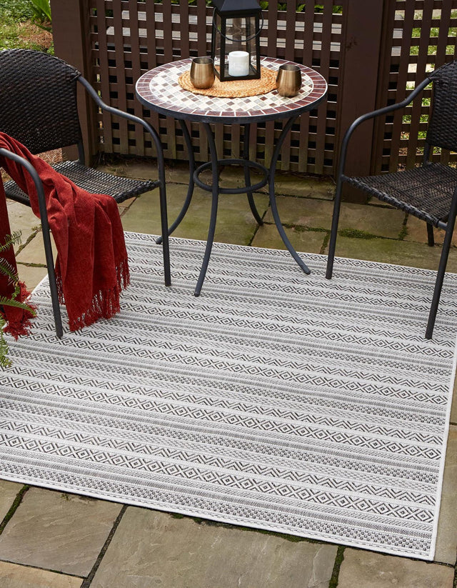 Beige 5' 3 x 5' 3 Outdoor Striped Square Area Rug Weather Resistant for Patio, Deck, Terrace, Balcony, Porch Geometric Pattern Waterproof Carpet for Sale at Rug Engine