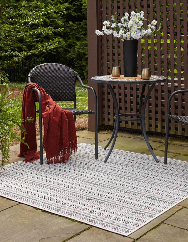 Beige 5' 3 x 5' 3 Outdoor Striped Square Area Rug Weather Resistant for Patio, Deck, Terrace, Balcony, Porch Geometric Pattern Waterproof Carpet for Sale at Rug Engine
