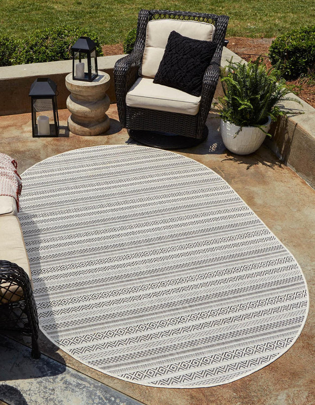 Beige 3' 1 x 5' 3 Outdoor Striped Oval Area Rug Weather Resistant for Patio, Deck, Terrace, Balcony, Porch Geometric Pattern Waterproof Carpet for Sale at Rug Engine