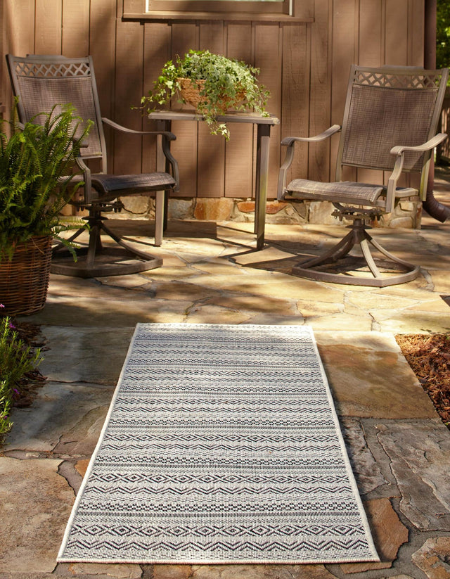 Beige 2' x 6' 1 Outdoor Striped Runner Area Rug Weather Resistant for Patio, Deck, Terrace, Balcony, Porch Geometric Pattern Waterproof Carpet for Sale at Rug Engine