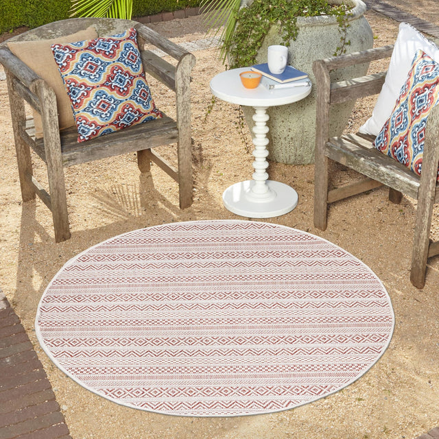 Red 7' 10 x 7' 10 Outdoor Striped Round Area Rug Weather Resistant for Patio, Deck, Terrace, Balcony, Porch Geometric Pattern Waterproof Carpet for Sale at Rug Engine