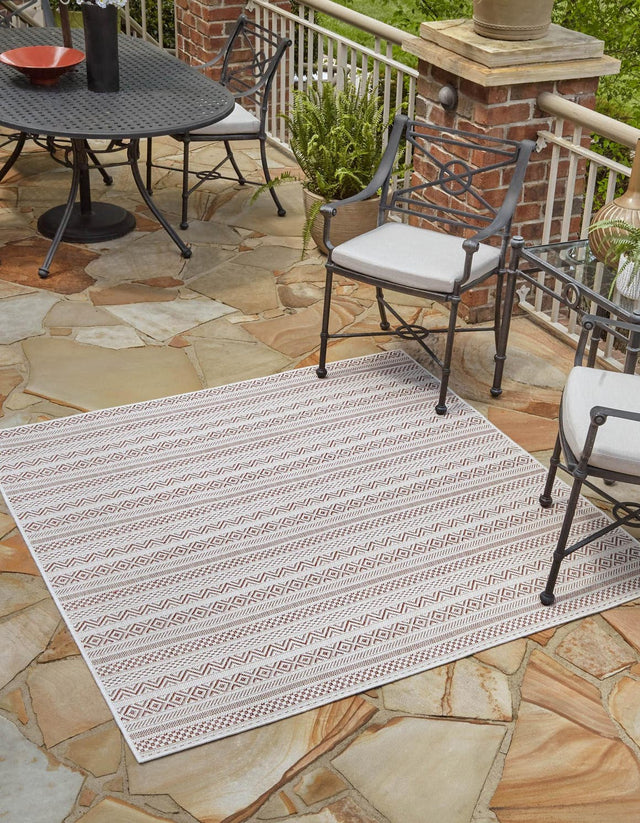 Red 5' 3 x 5' 3 Outdoor Striped Square Area Rug Weather Resistant for Patio, Deck, Terrace, Balcony, Porch Geometric Pattern Waterproof Carpet for Sale at Rug Engine