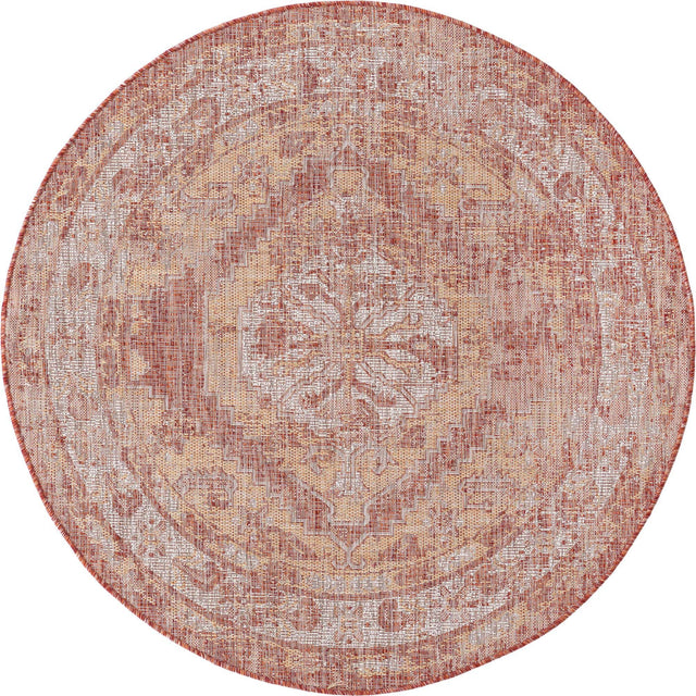 Rust Red 5' 3 x 5' 3 Outdoor Traditional Round Area Rug Weather Resistant for Patio, Deck, Terrace, Balcony, Porch Classical Design Outside Carpet for Sale at Rug Engine