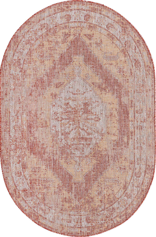 Rust Red 5' 3 x 8' Outdoor Traditional Oval Area Rug Weather Resistant for Patio, Deck, Terrace, Balcony, Porch Classical Design Outside Carpet for Sale at Rug Engine