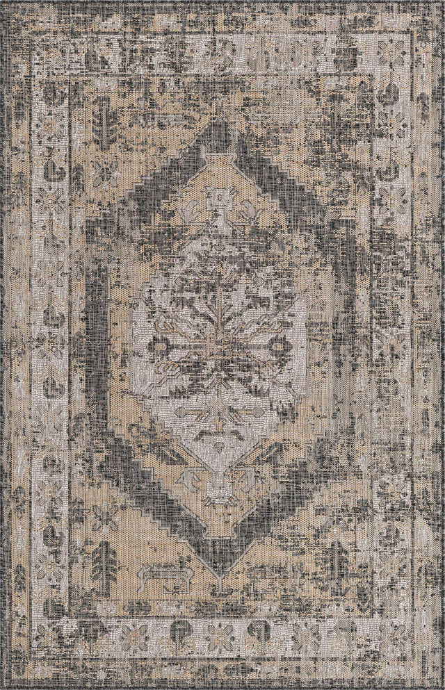 Charcoal 5' 3 x 8' Outdoor Traditional Rectangle Area Rug Weather Resistant for Patio, Deck, Terrace, Balcony, Porch Classical Design Outside Carpet for Sale at Rug Engine