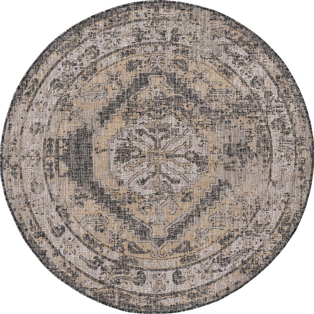 Charcoal 5' 3 x 5' 3 Outdoor Traditional Round Area Rug Weather Resistant for Patio, Deck, Terrace, Balcony, Porch Classical Design Outside Carpet for Sale at Rug Engine