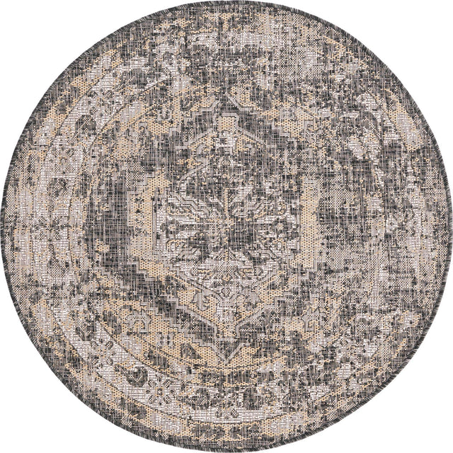 Charcoal 4' 1 x 4' 1 Outdoor Traditional Round Area Rug Weather Resistant for Patio, Deck, Terrace, Balcony, Porch Classical Design Outside Carpet for Sale at Rug Engine