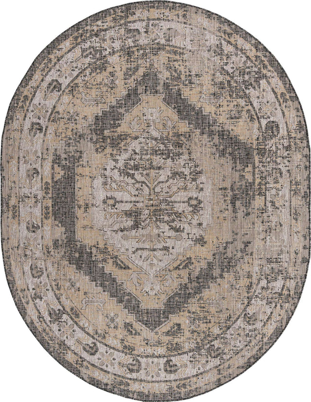 Charcoal 7' 10 x 10' Outdoor Traditional Oval Area Rug Weather Resistant for Patio, Deck, Terrace, Balcony, Porch Classical Design Outside Carpet for Sale at Rug Engine