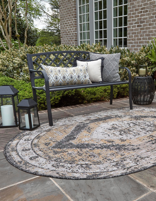 Charcoal 3' 1 x 5' 3 Outdoor Traditional Oval Area Rug Weather Resistant for Patio, Deck, Terrace, Balcony, Porch Classical Design Outside Carpet for Sale at Rug Engine