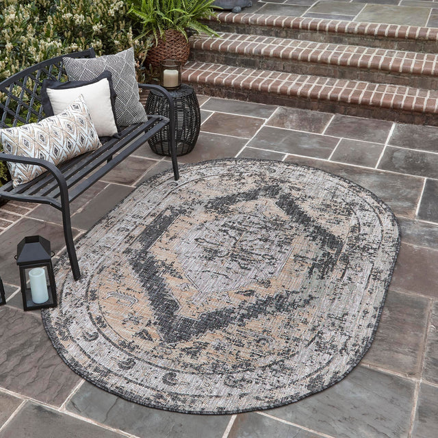 Charcoal 7' 10 x 10' Outdoor Traditional Oval Area Rug Weather Resistant for Patio, Deck, Terrace, Balcony, Porch Classical Design Outside Carpet for Sale at Rug Engine