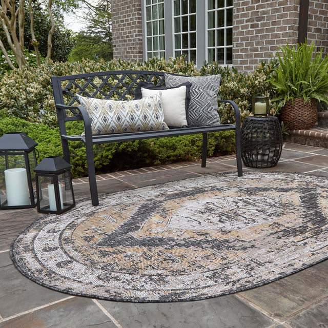 Charcoal 7' 10 x 10' Outdoor Traditional Oval Area Rug Weather Resistant for Patio, Deck, Terrace, Balcony, Porch Classical Design Outside Carpet for Sale at Rug Engine