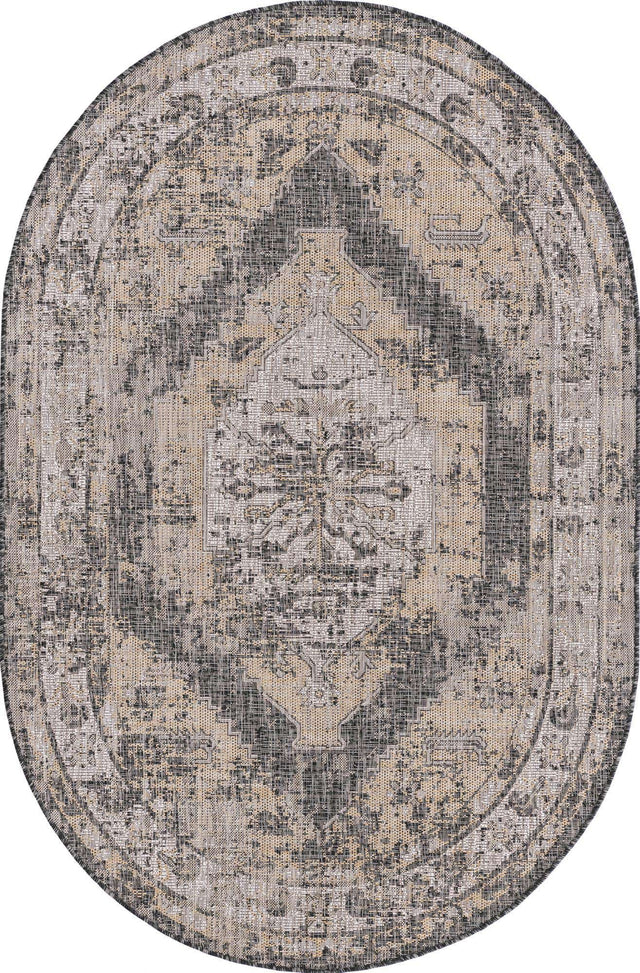 Charcoal 5' 3 x 8' Outdoor Traditional Oval Area Rug Weather Resistant for Patio, Deck, Terrace, Balcony, Porch Classical Design Outside Carpet for Sale at Rug Engine