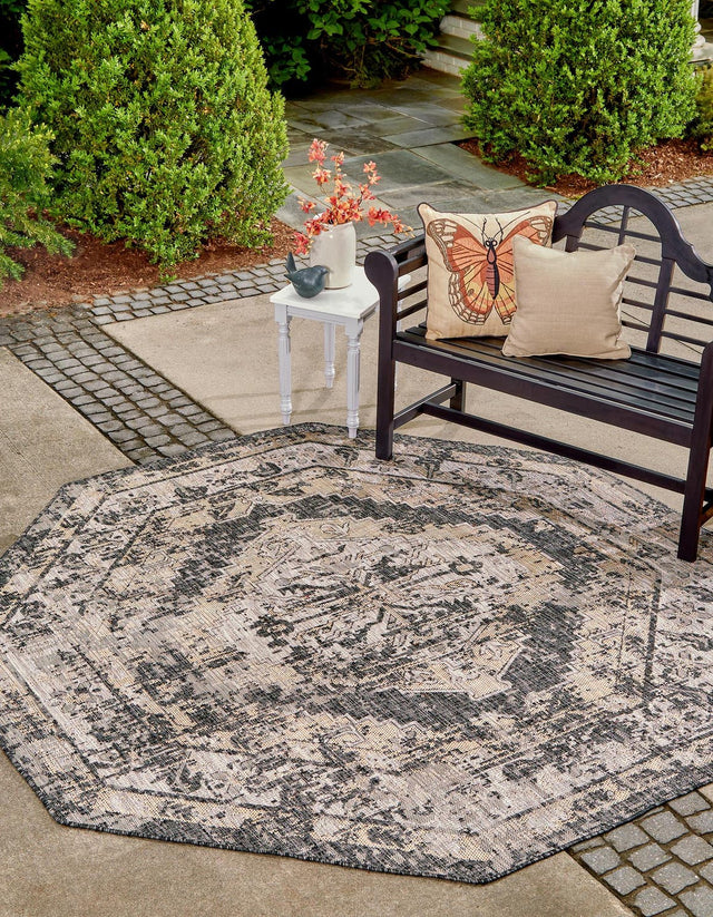 Charcoal 5' 3 x 5' 3 Outdoor Traditional Octagon Area Rug Weather Resistant for Patio, Deck, Terrace, Balcony, Porch Classical Design Outside Carpet for Sale at Rug Engine