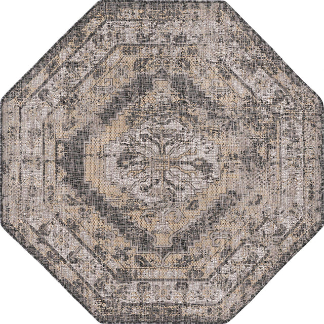 Charcoal 5' 3 x 5' 3 Outdoor Traditional Octagon Area Rug Weather Resistant for Patio, Deck, Terrace, Balcony, Porch Classical Design Outside Carpet for Sale at Rug Engine