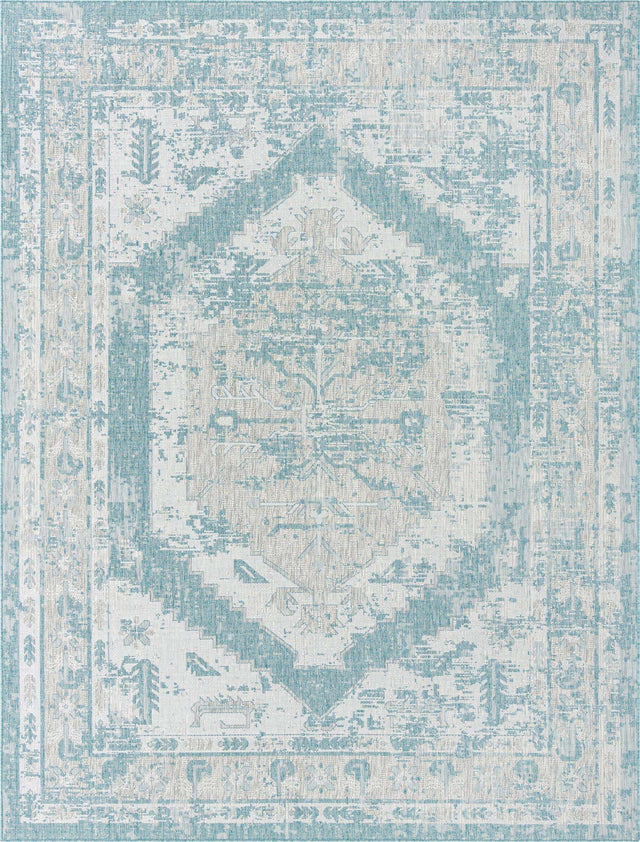 Aqua 9' x 12' Outdoor Traditional Rectangle Area Rug Weather Resistant for Patio, Deck, Terrace, Balcony, Porch Classical Design Outside Carpet for Sale at Rug Engine