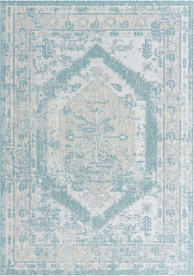Aqua 7' 10 x 11' Outdoor Traditional Rectangle Area Rug Weather Resistant for Patio, Deck, Terrace, Balcony, Porch Classical Design Outside Carpet for Sale at Rug Engine