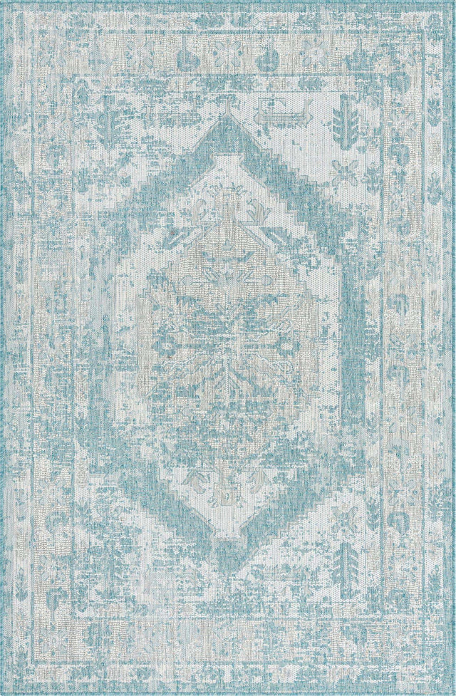 Aqua 5' 3 x 8' Outdoor Traditional Rectangle Area Rug Weather Resistant for Patio, Deck, Terrace, Balcony, Porch Classical Design Outside Carpet for Sale at Rug Engine