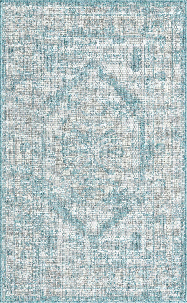 Aqua 3' 1 x 5' 3 Outdoor Traditional Rectangle Area Rug Weather Resistant for Patio, Deck, Terrace, Balcony, Porch Classical Design Outside Carpet for Sale at Rug Engine